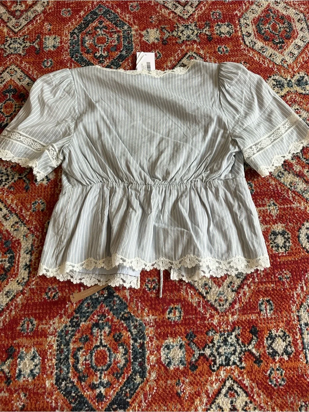 Reformation Light Blue and White Striped Lace-Trim Peplum Blouse